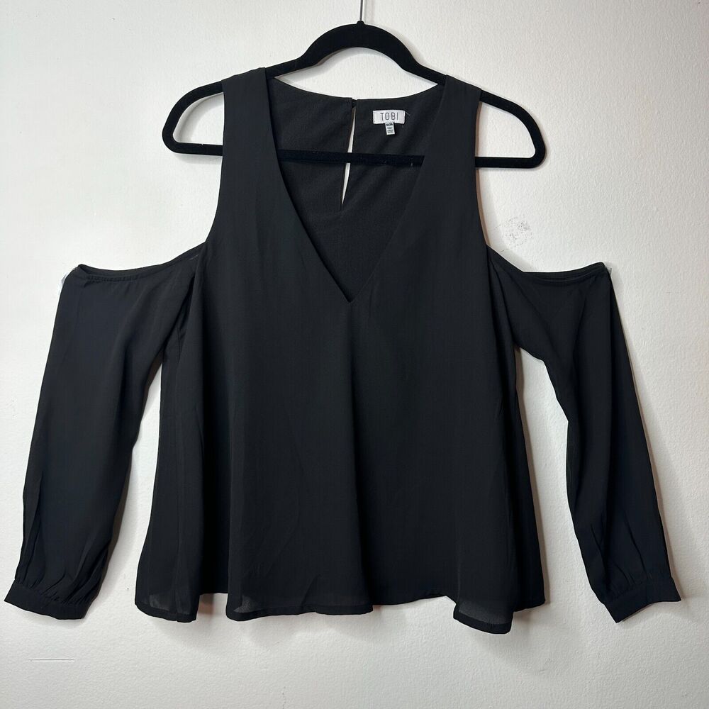 Tobi Black Cold Shoulder Long Sleeve Flowy V-Neck Keyhole Back Blouse M